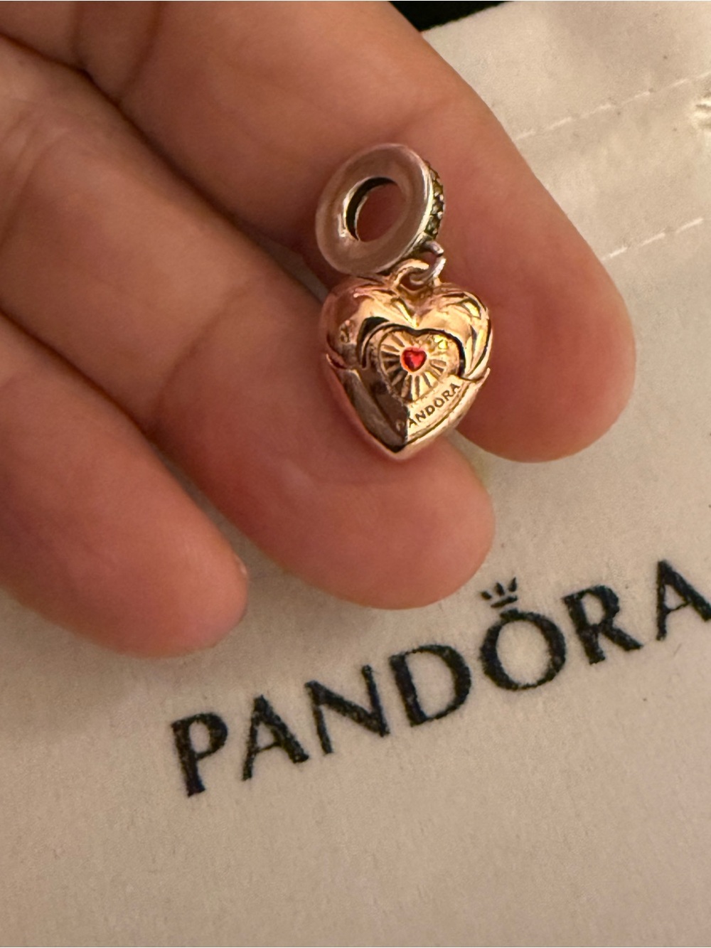 Pandora Rose Gold Heart Dangle Charm with Red Accent - Picture 4 of 7